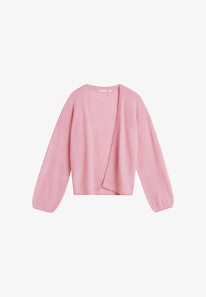 Roze cardigan van zacht materiaal, met een overslagontwerp, lange mouwen en een losse pasvorm. Geen sluitingen, gladde textuur.
