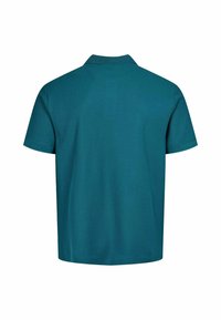 Teal short-sleeve polo shirt shown from the back with a ribbed collar and plain design on a white background.