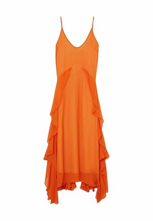 Abito arancione con spalline sottili, scollatura profonda e ruffles sovrapposti ai lati, che si restringono verso un orlo più corto sul retro.