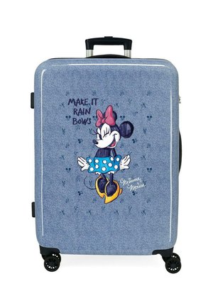 Maleta rígida azul con ilustración de Minnie Mouse llevando un lazo rojo y una falda de lunares, texto "Haz que lluevan lazos", cuatro ruedas y asa telescópica.
