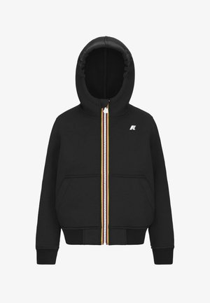 Sweat à zip noir avec une capuche doublée, deux poches avant et une fermeture éclair multicolore. Présente un logo sur le côté gauche de la poitrine.