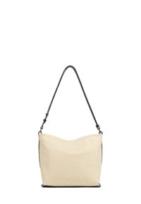 Borsa a spalla in tessuto beige con parte superiore curva, bordature nere e una sola cinghia regolabile. Design semplice senza embellishments visibili.