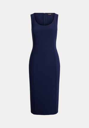 Varrukateta tumesinist kuni põlveni ulatuv kleit kaarduvkaeluse ja tagumise lukuosaga, keha järgiva lõikega.