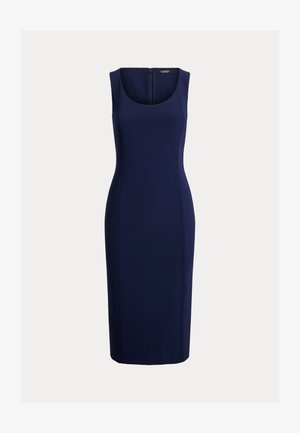 Varrukateta tumesinist kuni põlveni ulatuv kleit kaarduvkaeluse ja tagumise lukuosaga, keha järgiva lõikega.