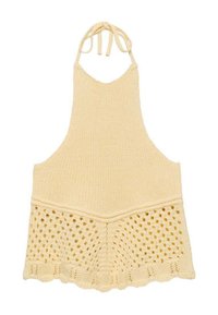 Top a fascia lavorato a maglia in un beige chiaro con un corpetto testurizzato, dettagli a maglia aperta all'orlo e lacci al collo per una vestibilità regolabile.