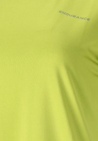 Kirkkaan limenvihreä kangas, jossa sanan "ENDURANCE" painatus pienillä, harmailla isoilla kirjaimilla lähellä yläoikeaa kulmaa.