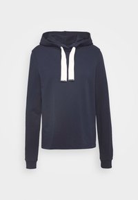 Marinblå hoodie i mjukt tyg, med en dragsko med vita ändar och en avslappnad passform. Långa ärmar och ribbade muddar.