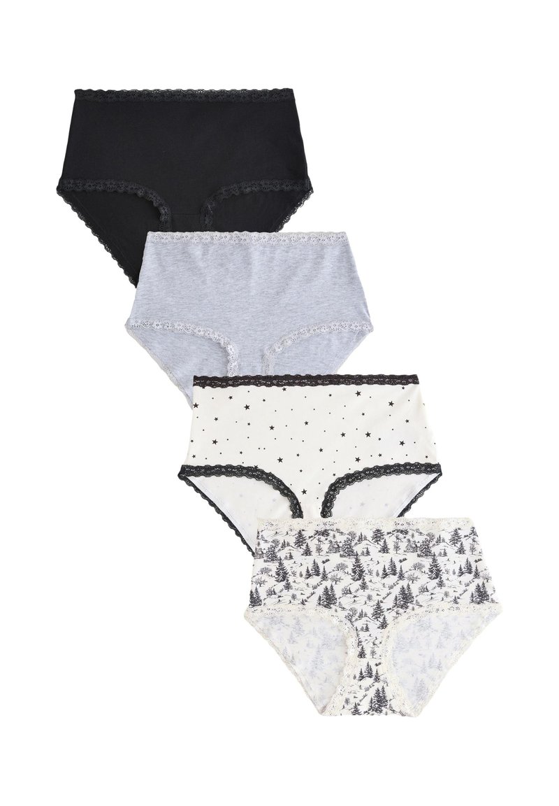 Sæt med fire par højtaljede underbukser: sort, grå og to mønstrede i hvid med sorte accenter. Blødt stof med blonderkant.