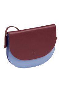 Rectangular leather bag with a curved flap, featuring a burgundy top and light blue bottom. Includes a strap and embossed logo detail.