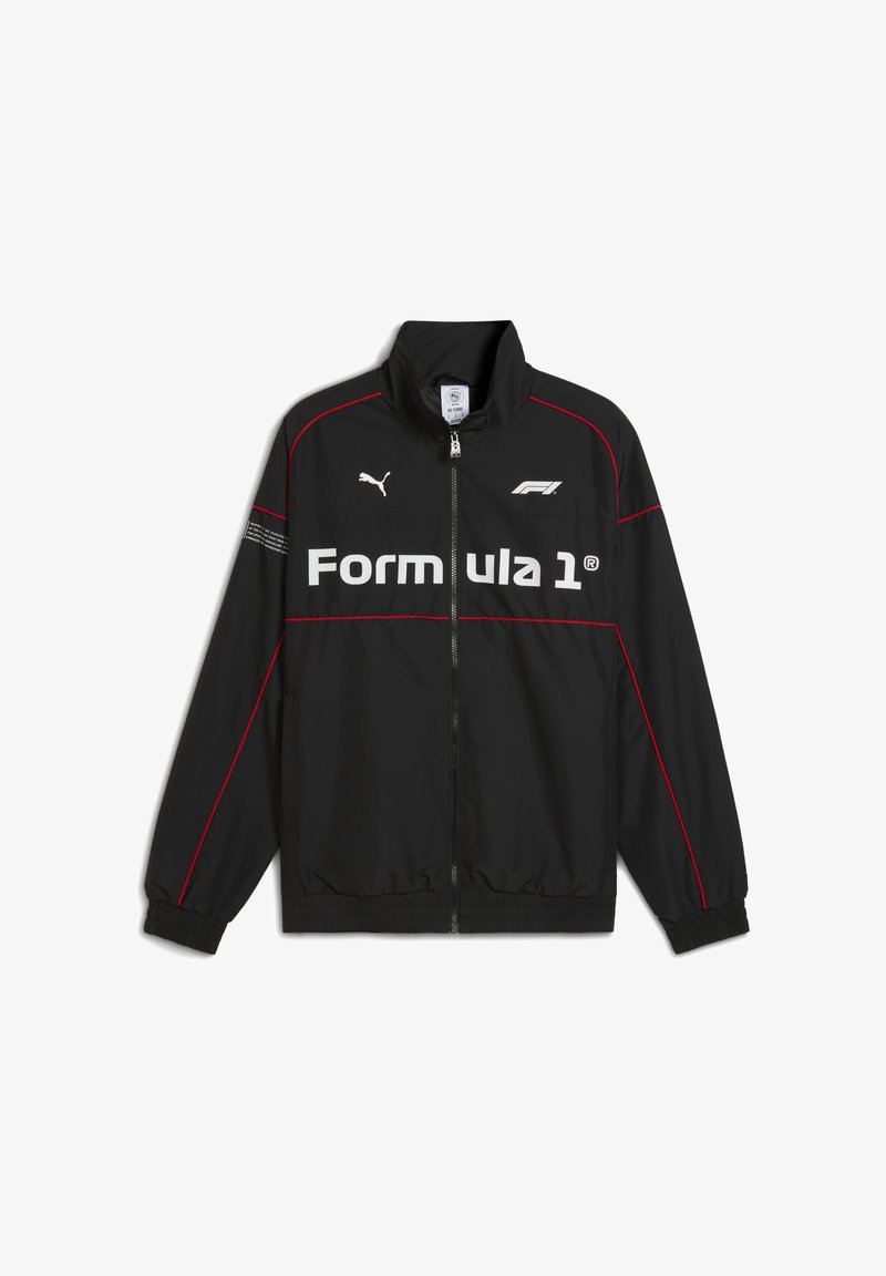 Mustat kevyet takit, joissa on punaisia yksityiskohtia, korkea kaulus, vetoketjukiinnitys ja "Formula 1" -logo näkyvästi esillä edessä.
