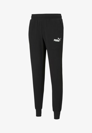 Zwarte joggerpants van zachte stof, met een elastische tailleband, zijzakken en een wit Puma-logo op de linker bovenbeen.