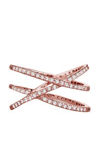 Rose-guldring med krydsende bånd, hver dekoreret med små, klare ædelsten indlagt i en glat, poleret overflade.