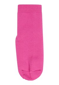 Rosa Baumwollsocke mit einem gerippten Bündchen, glatter Textur und abgerundetem Zeh. Hat eine einfarbige Gestaltung ohne Muster oder Verzierungen.