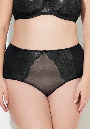 Zwarte hooggeknipte onderbroek met kanten panelen en doorzichtige stof. Versierd met een klein strikje in het midden. Glad afwerking met een elastische tailleband.