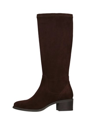 Dunkelbrauner Wildleder-Knielanger Stiefel mit niedrigem gestapeltem Absatz und abgerundeter Spitze, seitlich vor weißem Hintergrund gezeigt.