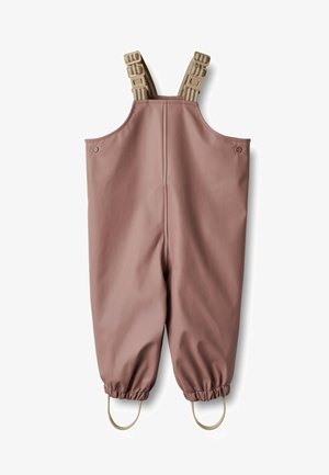 Waterproof pink overalls with adjustable beige straps, elasticized cuffs, and snap button details. Smooth texture and seamless design.