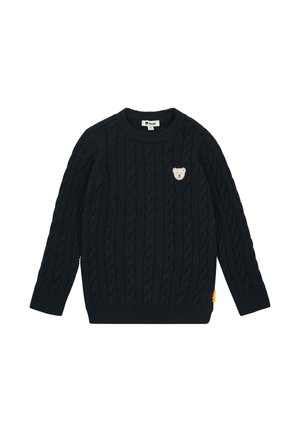 Dark blue cable knit sweater with long sleeves and a small embroidered bear face on the left chest.
