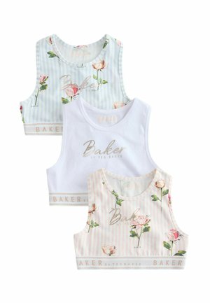 Tre ærmeløse crop tops, to med pastelfarvede striber og blomstermotiver og en ensfarvet hvid, alle med teksten "Baker by Ted Baker".