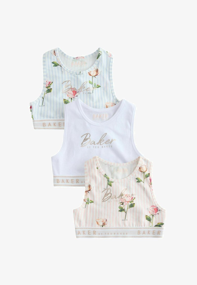 Trois crop tops sans manches, deux avec des rayures pastel et des imprimés floraux, et un blanc uni, tous avec le texte « Baker by Ted Baker ».