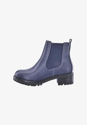 Stivale alla caviglia in pelle blu navy con pannelli elastici laterali, punta arrotondata e tacco basso a blocco. Suola in gomma testurizzata per una maggiore aderenza.