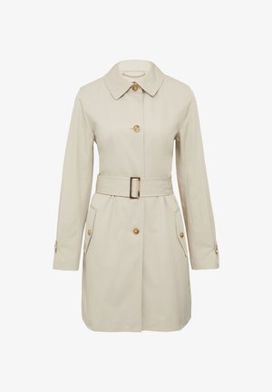 Beige Trenchcoat mit Kragen, taillierten Gürtel und zwei vorderen Taschen. Verfügt über goldene Knöpfe und eine glatte Textur.