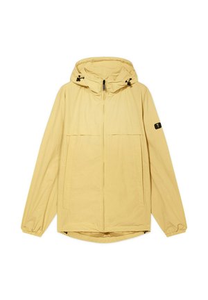 Hellgelbe Kapuzenjacke mit Frontreißverschluss, Kordelzügen an der Kapuze, elastischen Bündchen und einem kleinen schwarzen Logopatch am linken Ärmel.