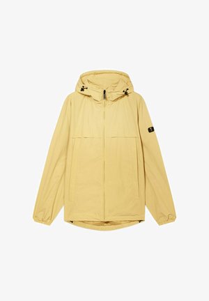 Hellgelbe Kapuzenjacke mit Frontreißverschluss, Kordelzügen an der Kapuze, elastischen Bündchen und einem kleinen schwarzen Logopatch am linken Ärmel.