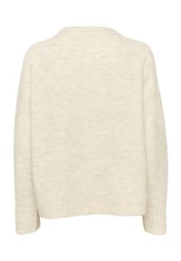 Pull oversized beige avec un col rond, un ourlet côtelé et une texture douce. Le dos présente une surface en tissu lisse et continue.