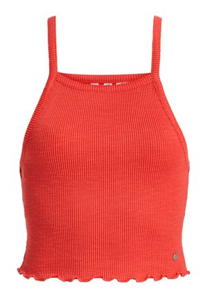 Rød ribbet cropped tanktop med tynde stropper og bølget kant. Har en tætsiddende silhuet og et lille logodetalje på siden.