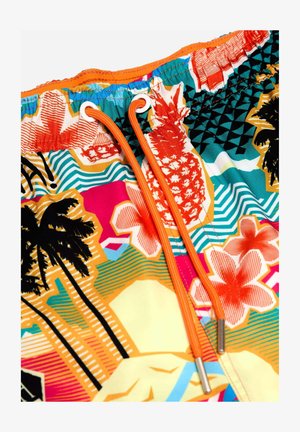 Barevné plavky s tropickým potiskem, obsahující palmy a květiny. Design dominuje oranžová šňůrka, geometrické vzory a živé barvy.