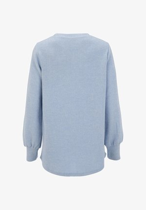 Lichtblauw geribbeld sweater met lange pofmouwen, ronde halslijn en zachte textuur. De achterkant toont gelijkmatige stitching en een afgewerkte zoom.