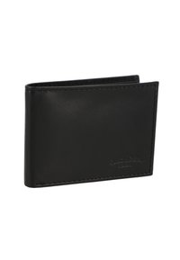 Portefeuille en cuir noir avec une texture lisse. Design plié, avec des coutures discrètes et un logo en relief à l'avant. Élégant et compact.