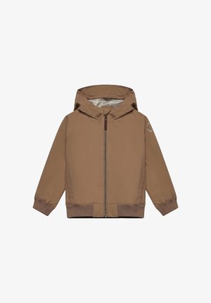 Bruine jas met rits en capuchon, raglanmouwen, elastische manchetten en een geribde zoom. Voorzien van een logo op de linkermouw en een gladde voering.