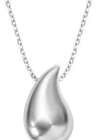 Sølvmetallic dråbeformet vedhæng på en kædetrøje, med en glat, blank overflade og et strømlinet design.