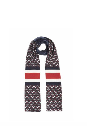 Long navy scarf with red, white, and navy stripes and a repeating pattern of red, white, and light blue geometric shapes.