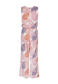 Bodycon overal bez rukávů se zipem vpředu, elastickým pasem a širokými nohavicemi, s abstraktním květinovým vzorem v růžové, fialové a oranžové barvě na bílém pozadí.