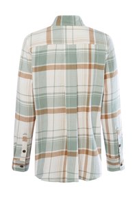 Camicia a maniche lunghe a quadri in verde chiaro, beige e bianco. Presenta un colletto, un polsino con bottone e un design con piega sul retro. Texture del tessuto morbida.