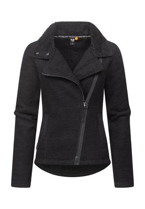 Juodas ziperinis švarkas su dirbtinės odos apykakle, ilgomis rankovėmis ir tekstūruotu audiniu. Pasižymi stilingu asimetriniu priekiniu zipu ir lenktu galiniu kraštu.