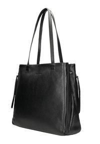 Borsa a tracolla nera in pelle con doppie manici, finitura texturizzata e tasche laterali con zip. Forma rettangolare con base piatta.