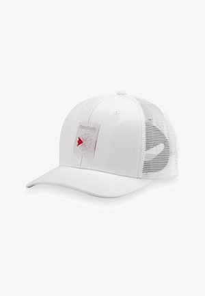 Casquette classique Reebok blanche avec dos en mesh et un logo appliqué à l'avant présentant un design d'étoile rouge et gris.