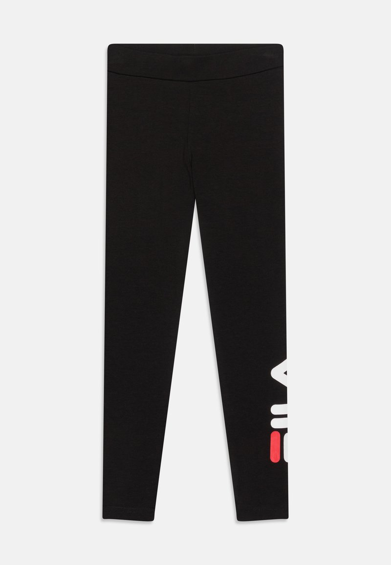 Leggings neri realizzati in tessuto elasticizzato, con un logo bianco e un accento rosso sul lato sinistro. Texture morbida, design con vita alta.