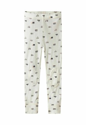 Katoenen leggings met een lichtcrème achtergrond en een patroon van verschillende kleine voertuigen in gedempte kleuren. Geribbelde tailleband, kniestukken.