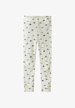 Cotton leggings featuring a light cream background with a pattern of various small vehicles in muted colors. Ribbed waistband, knee patches.