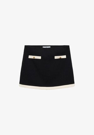 Czarna spódnica z białym wykończeniem i dwoma przednimi kieszeniami. Posiada złote guziki na kieszeniach. Gładki materiał z dopasowanym, sztywnym krojem.