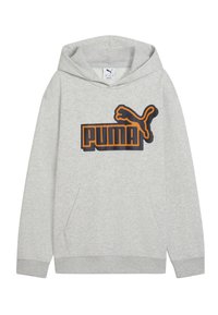 Grauer Hoodie mit Kängurutasche, versehen mit einem auffälligen schwarzen und orangefarbenen "PUMA"-Logo. Weicher Stoff und gerippte Bündchen runden das Design ab.
