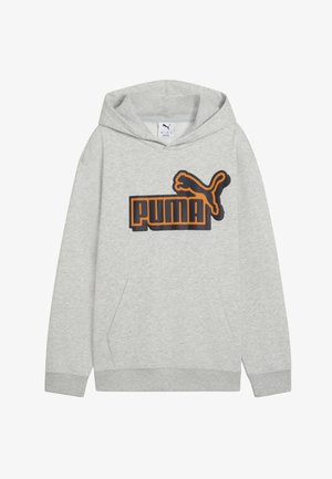 Grijze hoodie met een kangoeroezak, voorzien van een opvallend zwart-oranje "PUMA"-logo. Zachte stof en geribbelde manchetten maken het ontwerp compleet.