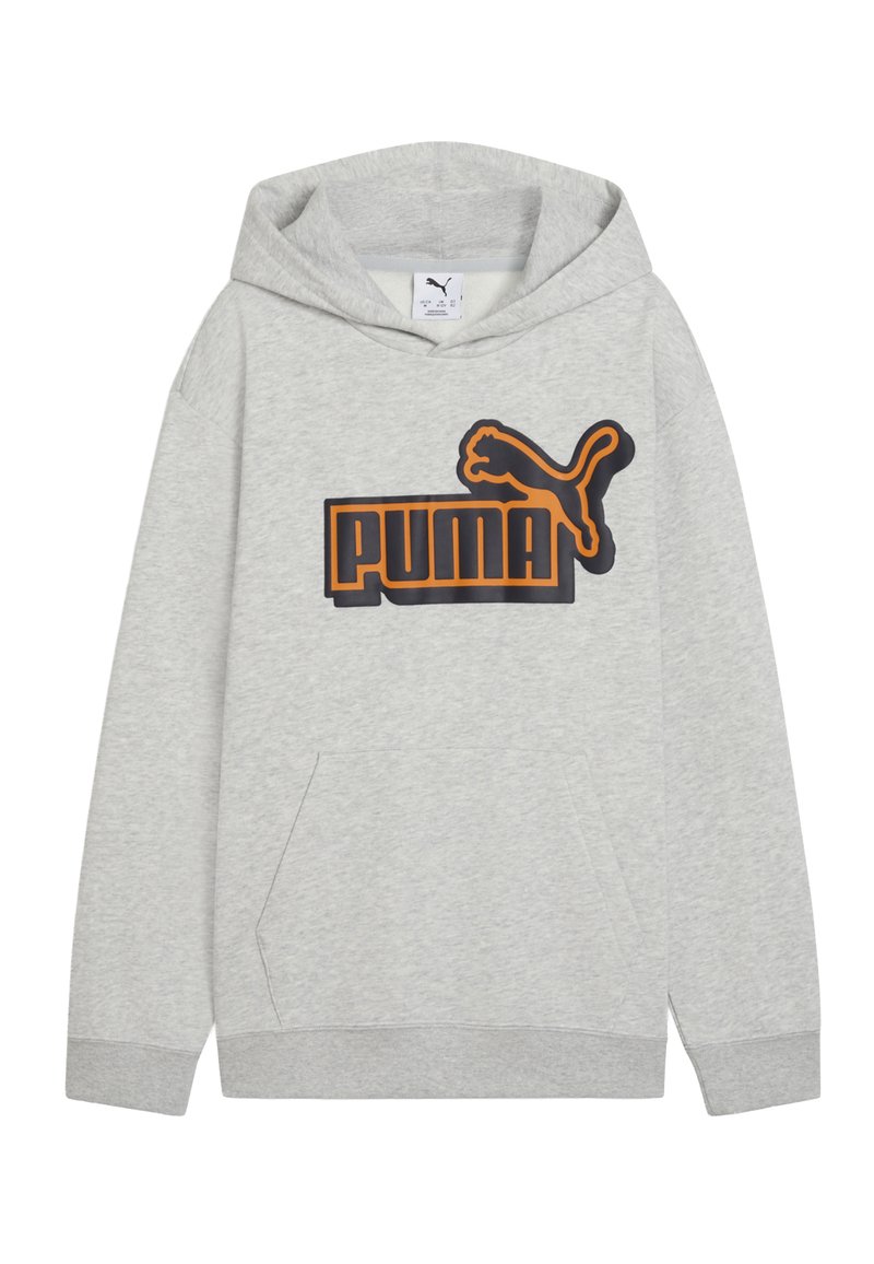 Grauer Hoodie mit Kängurutasche, versehen mit einem auffälligen schwarzen und orangefarbenen "PUMA"-Logo. Weicher Stoff und gerippte Bündchen runden das Design ab.