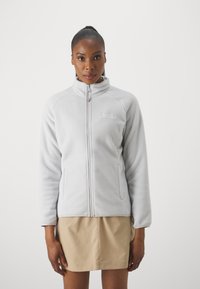 Giacca in fleece grigio chiaro con zip frontale, colletto alto e polsini elasticizzati. Presenta un logo discreto sul petto sinistro. Tessuto liscio.