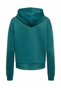 Zilzaļš garām piedurknēm kapučjaka ar pieguļošu jostasvietu un aprocēm, redzama no aizmugures uz vienkārša balta fona.