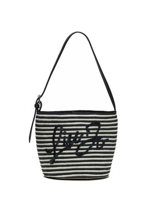Sac à main à rayures noires et blanches avec une seule bandoulière noire et une inscription noire en cursive sur le devant.